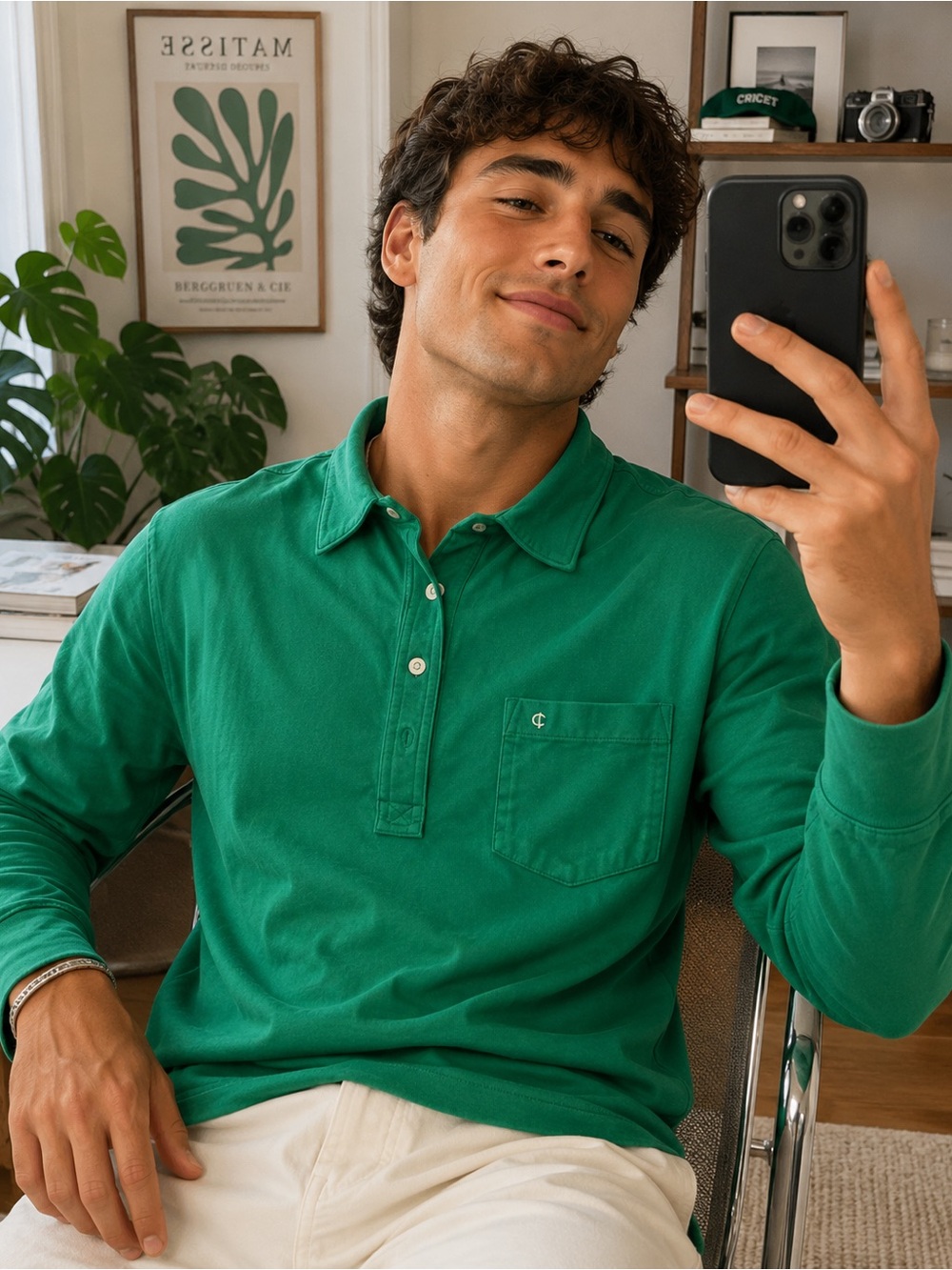 Criquet Long Sleeve Polo Shirt – Size Medium – Emerald Green Organza Cotton